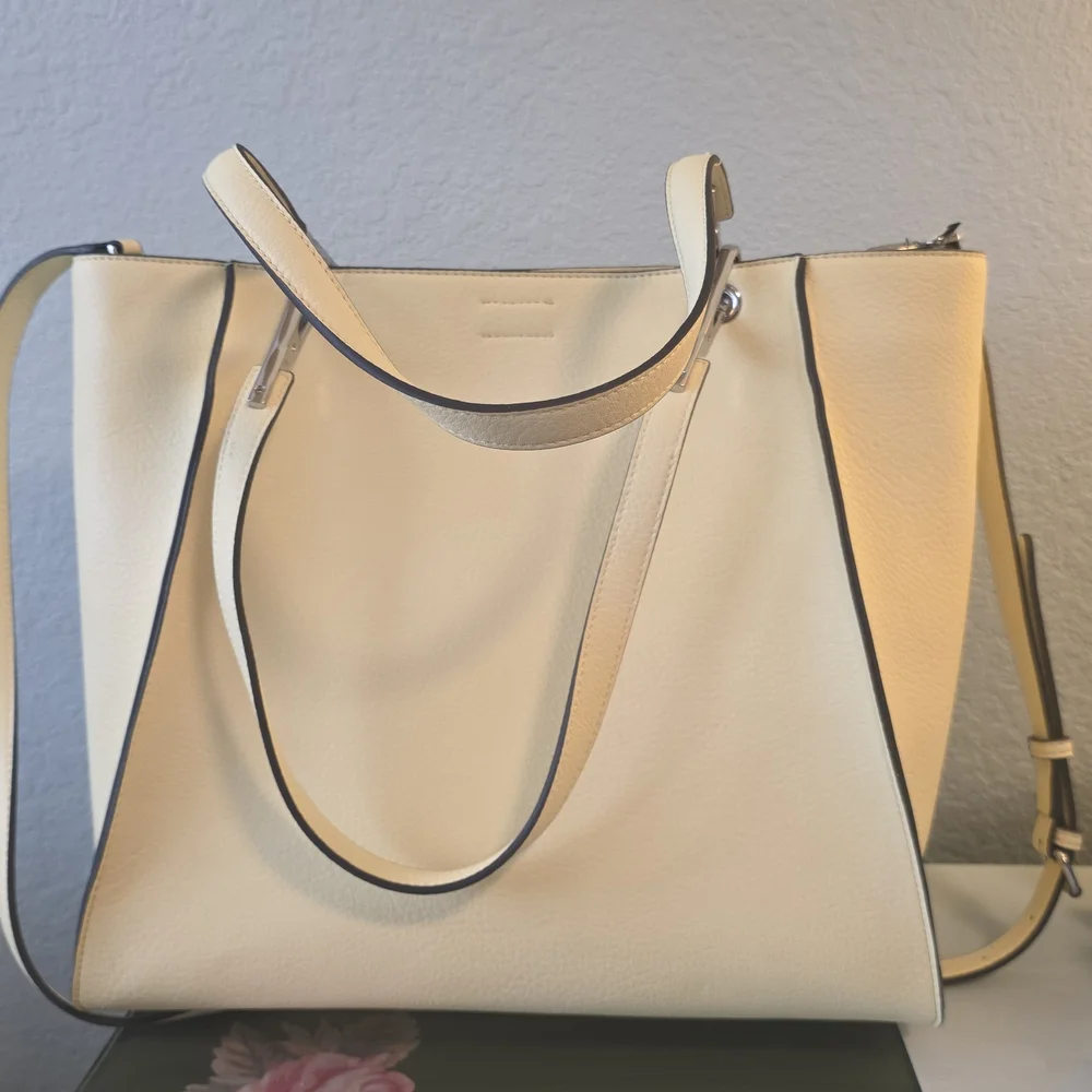 Calvin Klein Pale Yellow Pebbled Leather Tote with Shoulder Strap